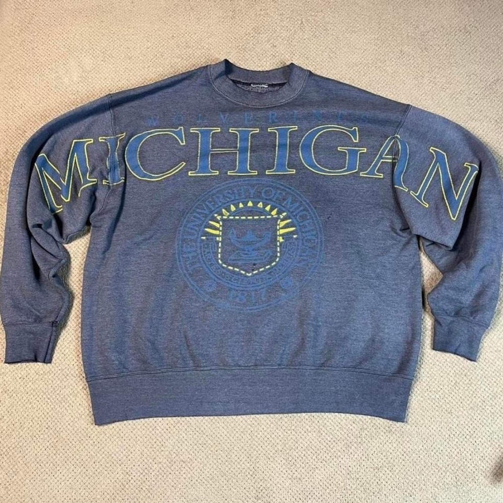 Vintage 1990s Michigan Wolverines Crewneck Sweatshirt Blue Wraparound‎ XL